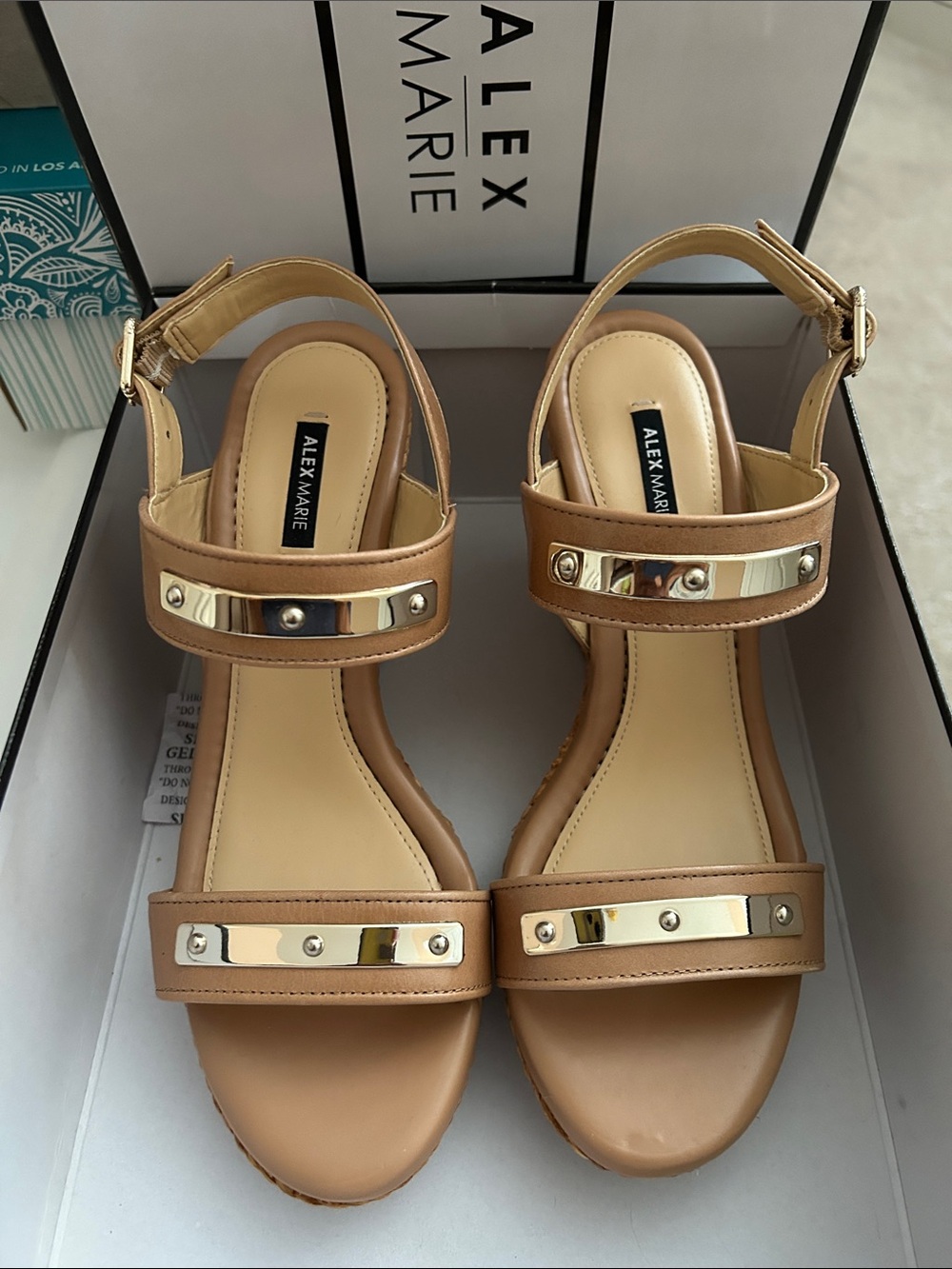 Alex Marie Tan Leather Open-Toe Sandals with Gold Plated Accents